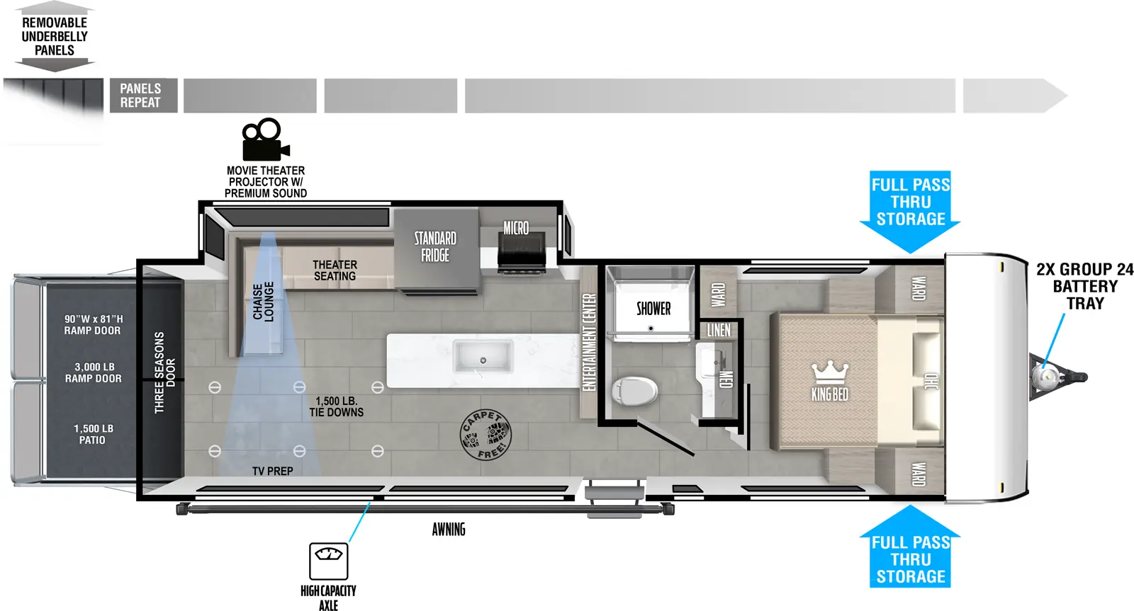 The Salem FSX 28VC floorplan is a toy hauler that has one entry and one slide out. Exterior features include: metal exterior. Interiors features include: front bedroom.